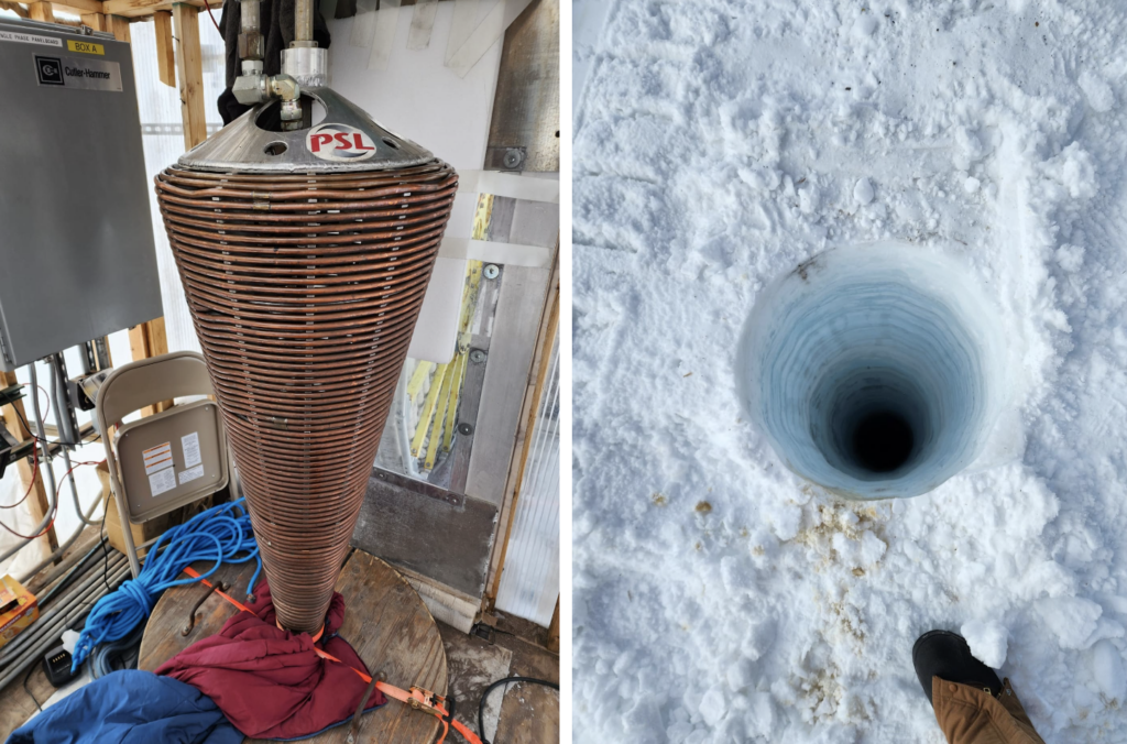 a metal coiled cone on the left, and the hole it drilled in Antarctic ice on the right